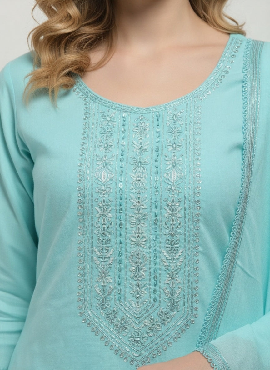 Aqua Blue Cotton Kurti Pant Dupatta Set with Embroidery