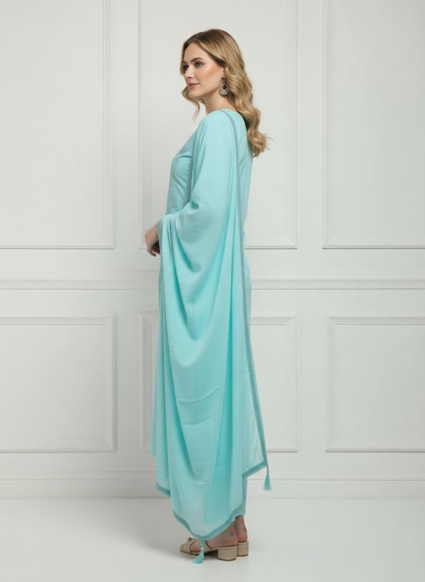 Aqua Blue Cotton Kurti Pant Dupatta Set with Embroidery