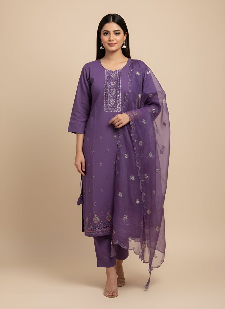 Lavender Roman Silk Kurti Pant Dupatta Set with Embroidery