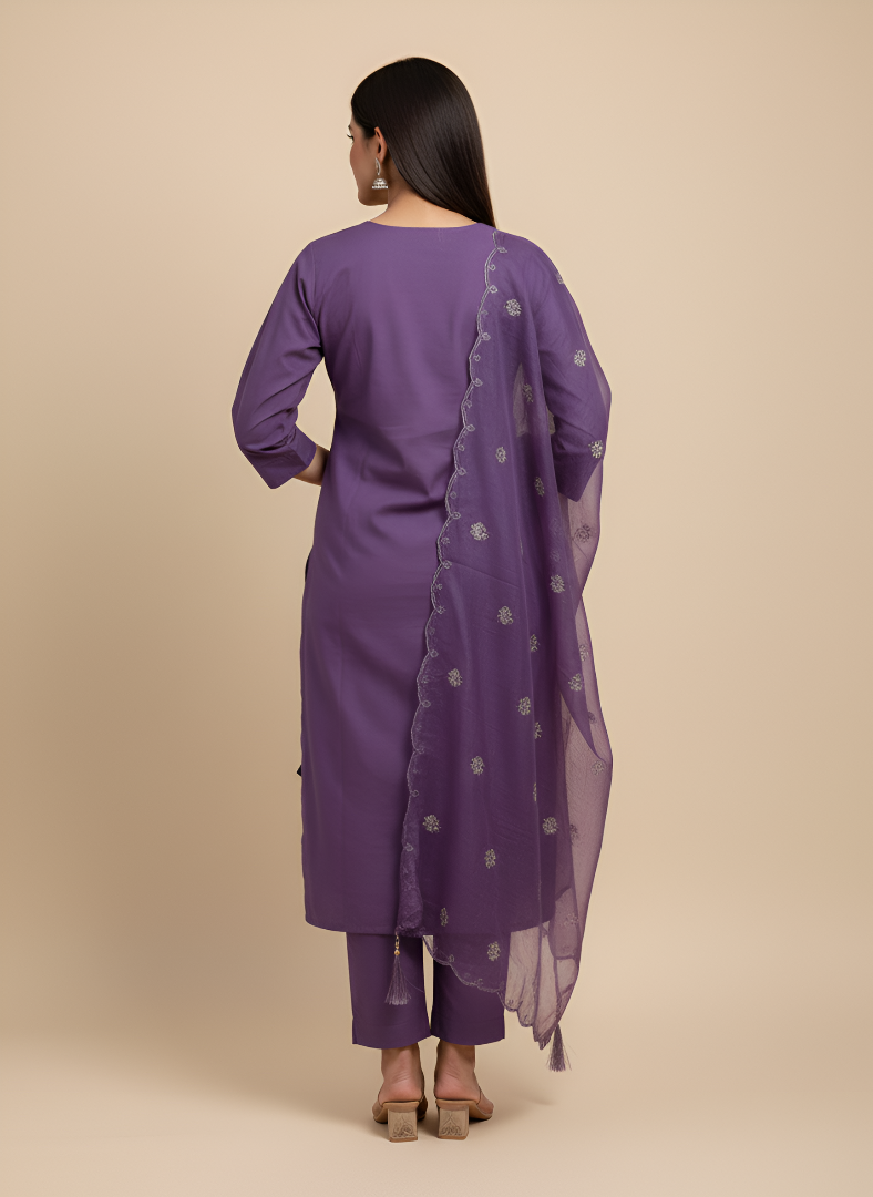 Lavender Roman Silk Kurti Pant Dupatta Set with Embroidery