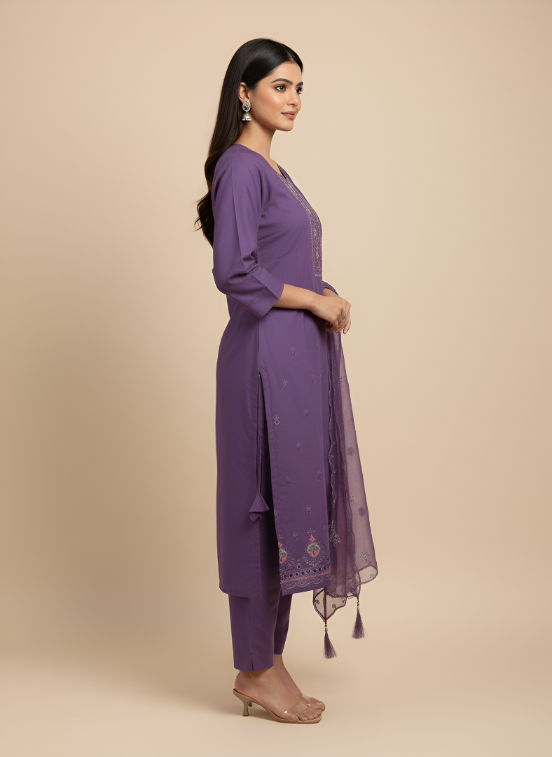 Lavender Roman Silk Kurti Pant Dupatta Set with Embroidery