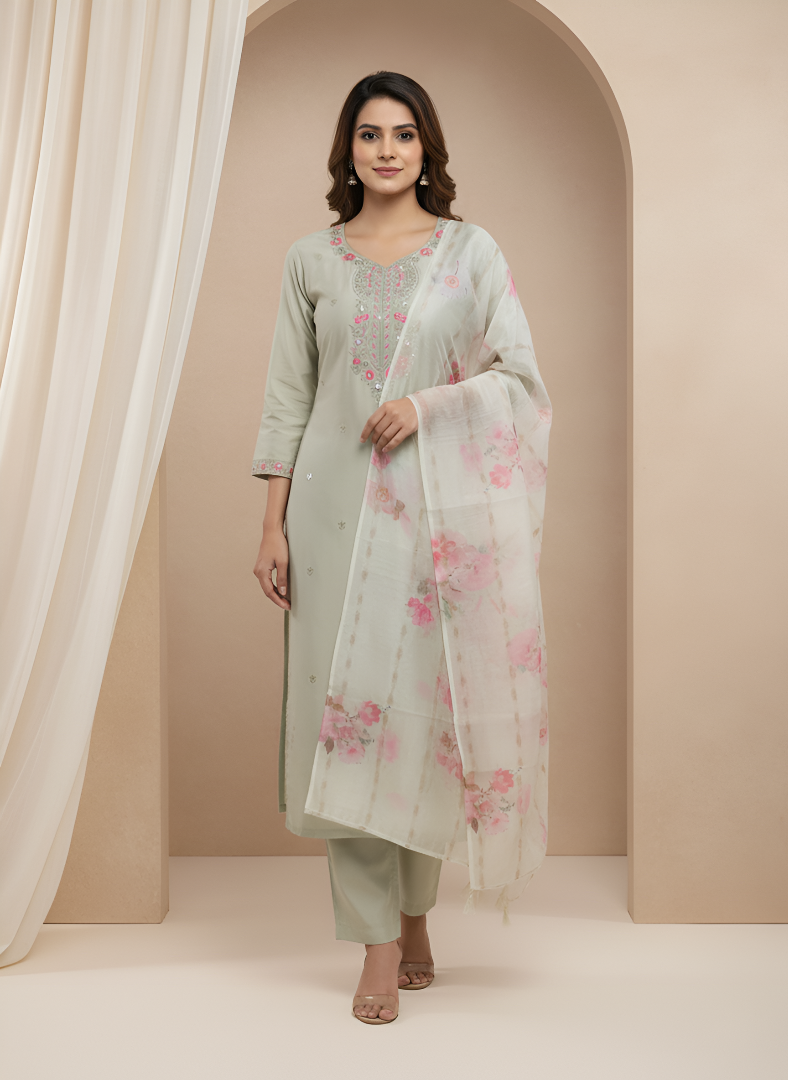 Pastel Green Roman Silk Kurti Pant Dupatta Set with Floral Dupatta