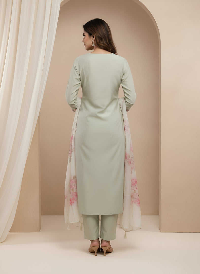 Pastel Green Roman Silk Kurti Pant Dupatta Set with Floral Dupatta