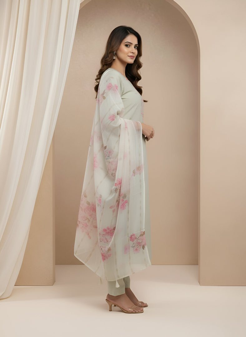 Pastel Green Roman Silk Kurti Pant Dupatta Set with Floral Dupatta