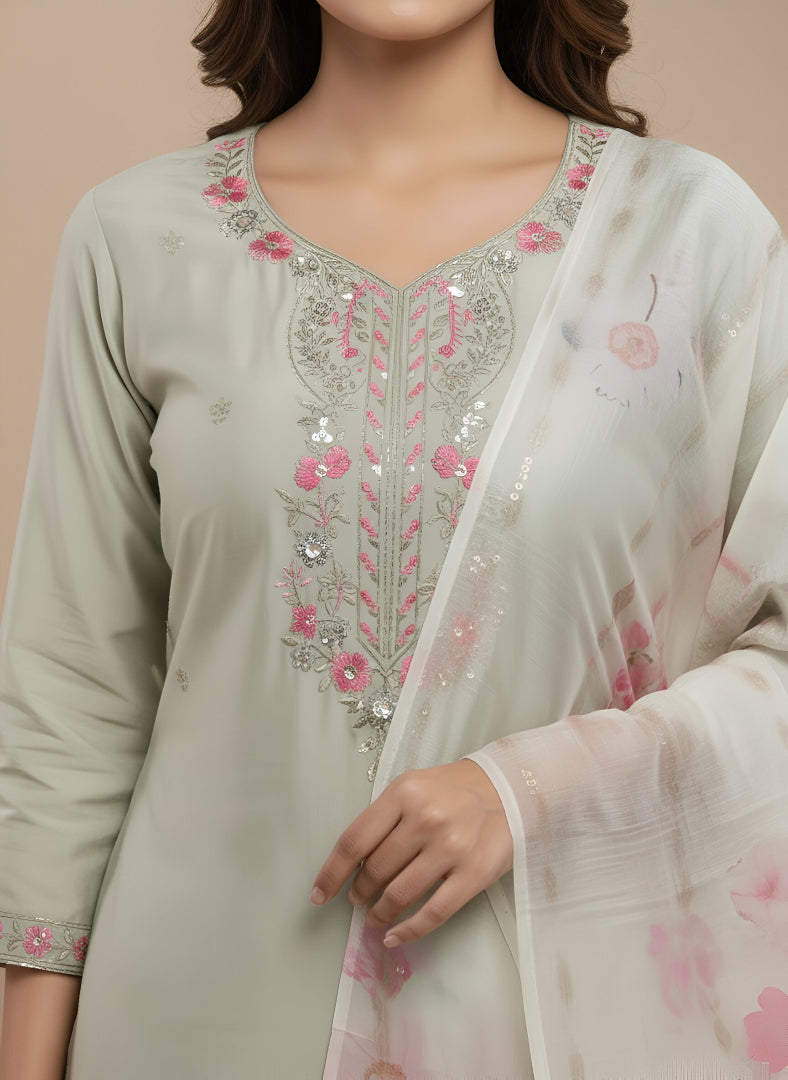 Pastel Green Roman Silk Kurti Pant Dupatta Set with Floral Dupatta