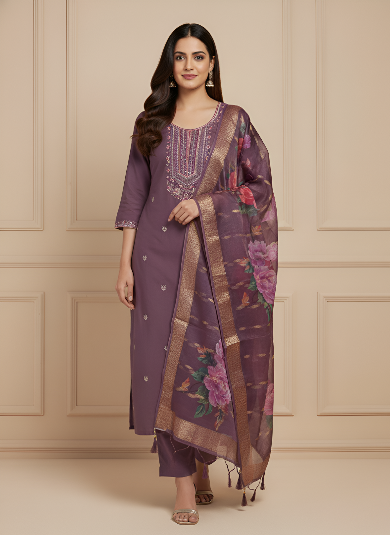 Plum Purple Roman Silk Kurti Pant Dupatta Set with Embroidered Dupatta