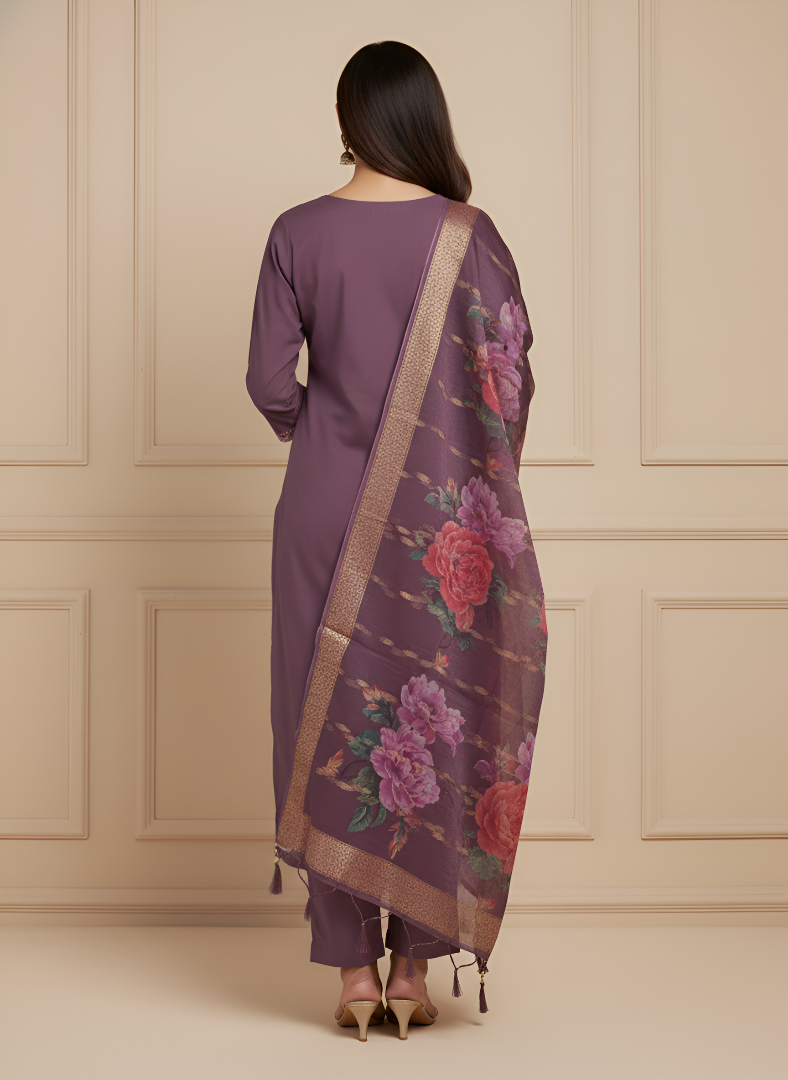 Plum Purple Roman Silk Kurti Pant Dupatta Set with Embroidered Dupatta