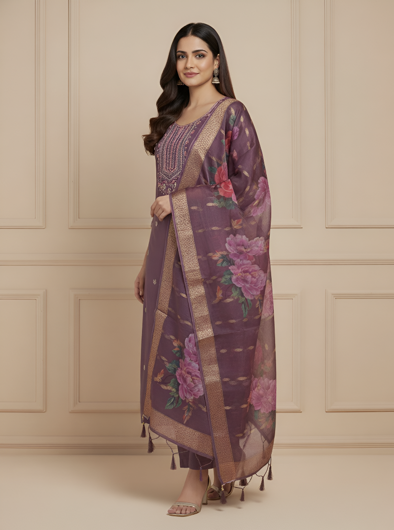 Plum Purple Roman Silk Kurti Pant Dupatta Set with Embroidered Dupatta
