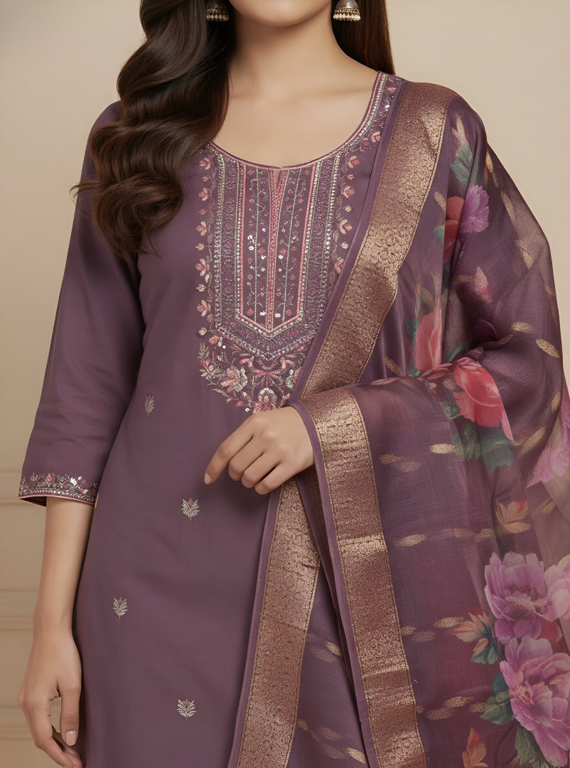 Plum Purple Roman Silk Kurti Pant Dupatta Set with Embroidered Dupatta