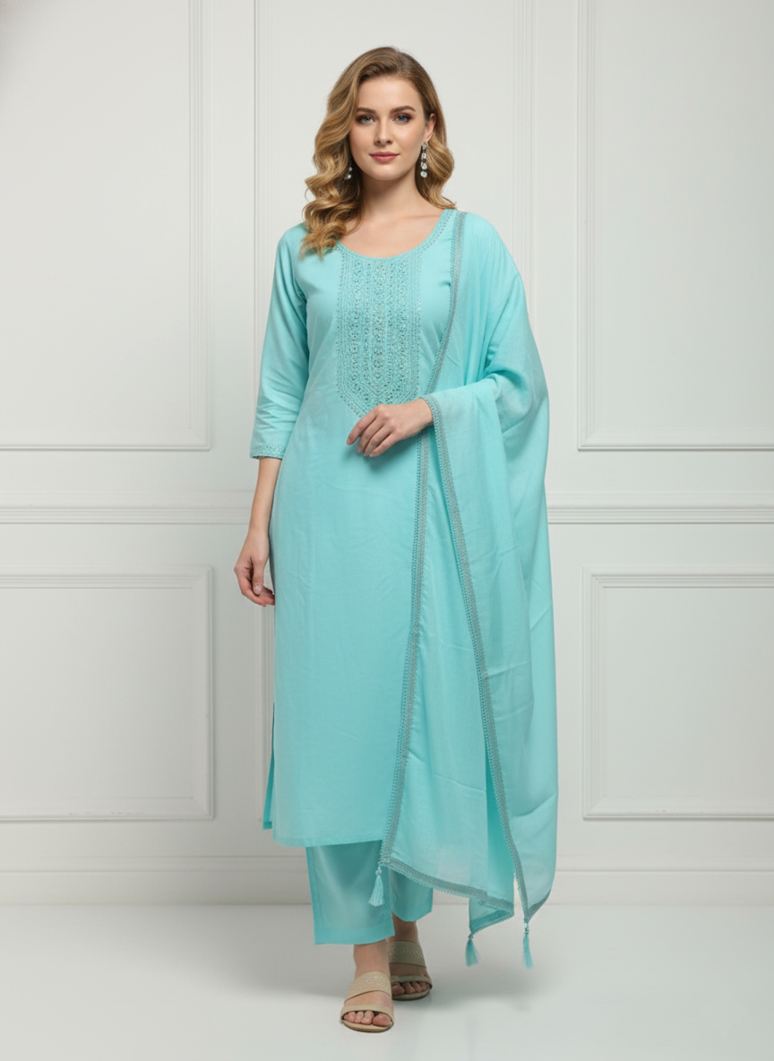 Aqua Blue Cotton Kurti Pant Dupatta Set with Embroidery