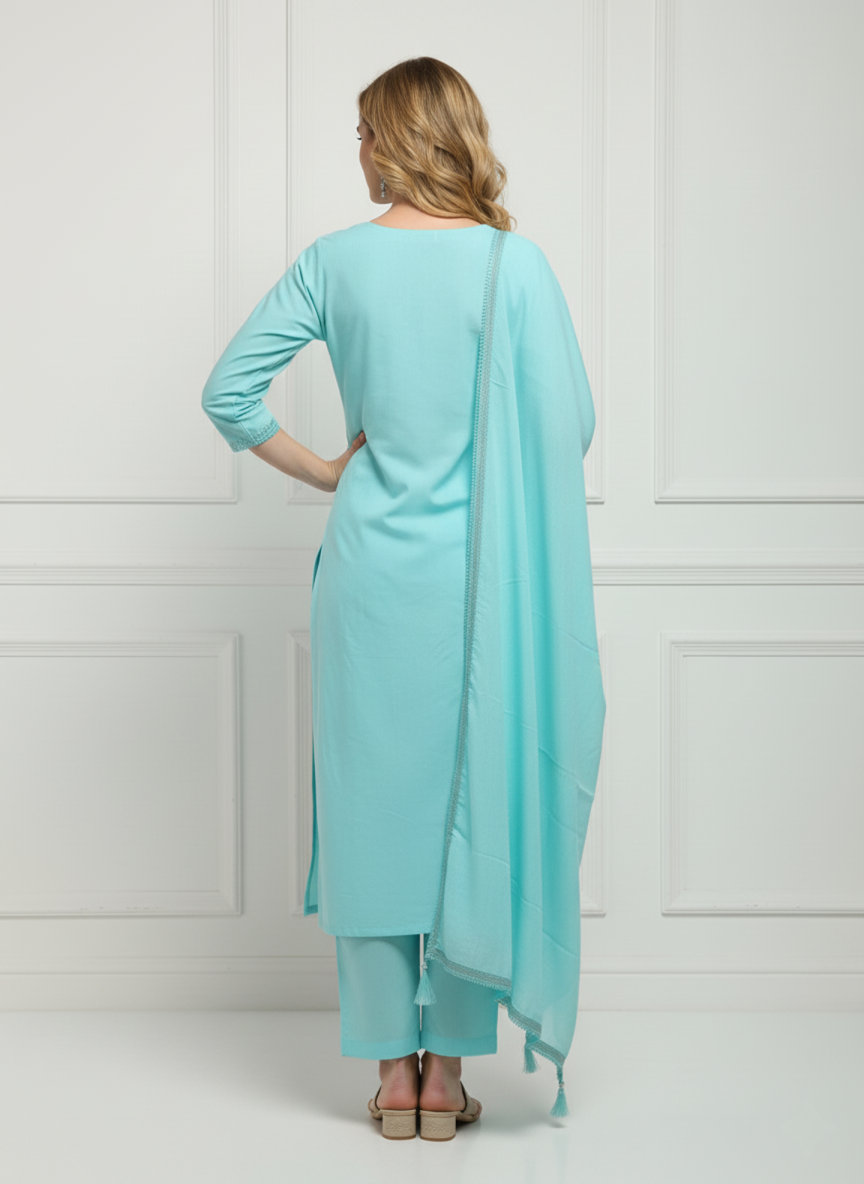 Aqua Blue Cotton Kurti Pant Dupatta Set with Embroidery