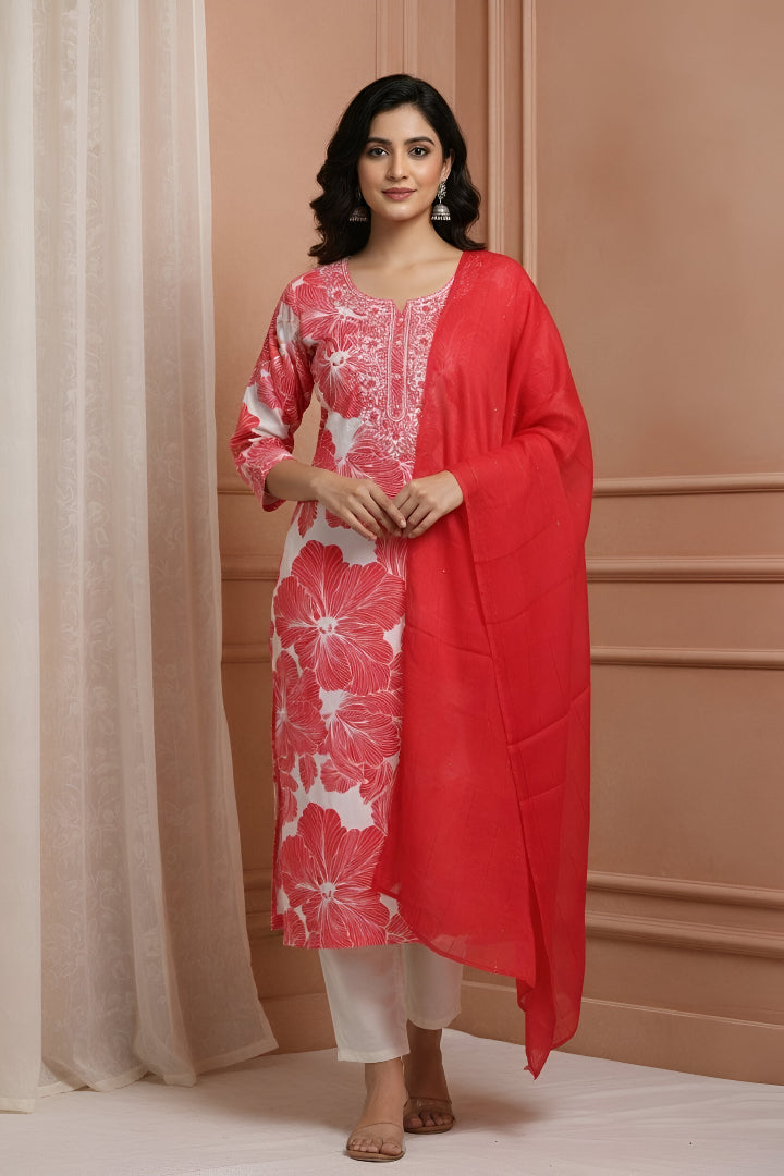 Red & White Cotton Flex Kurti Pant Dupatta Set – Floral Printed