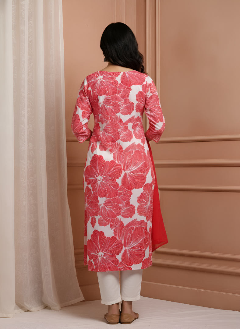 Red & White Cotton Flex Kurti Pant Dupatta Set – Floral Printed