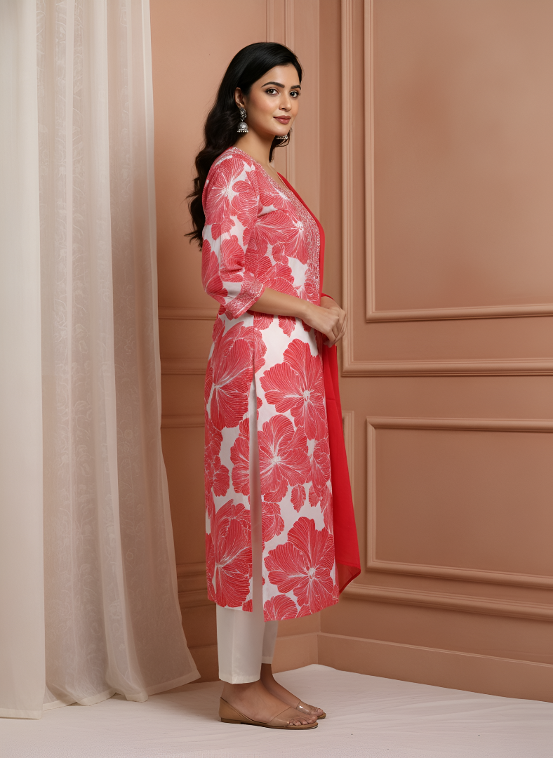 Red & White Cotton Flex Kurti Pant Dupatta Set – Floral Printed