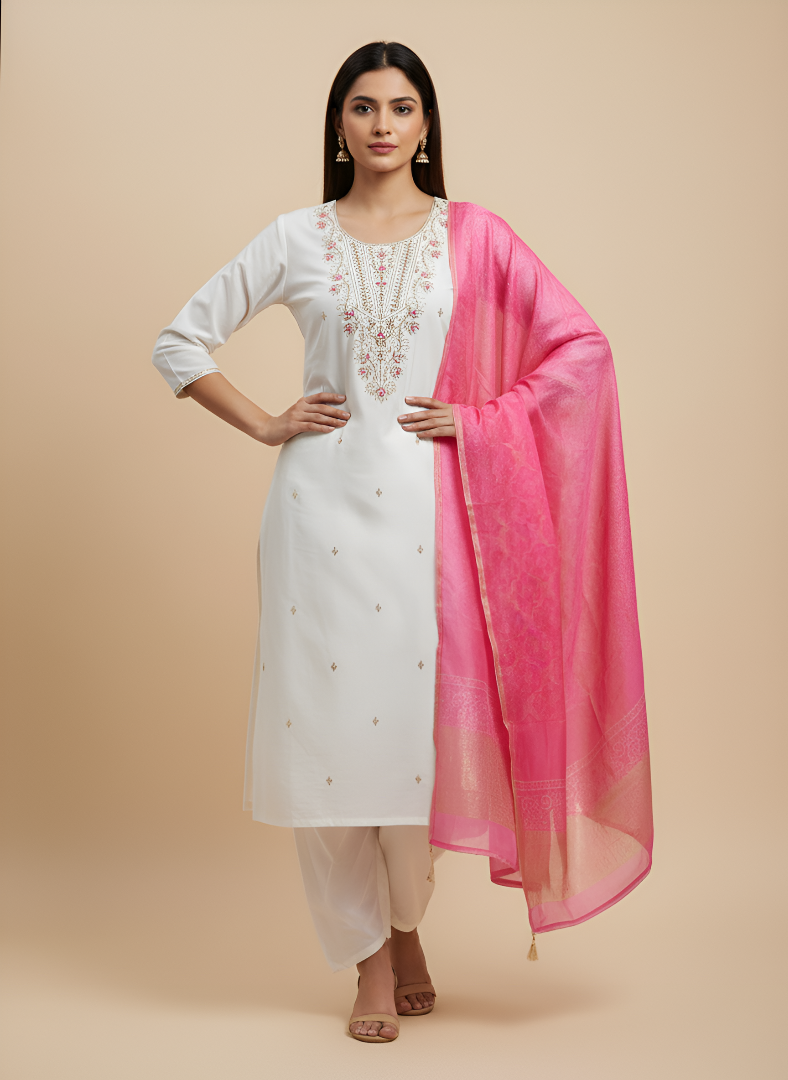 White Roman Silk Kurti Pant Dupatta Set with Pink Dupatta