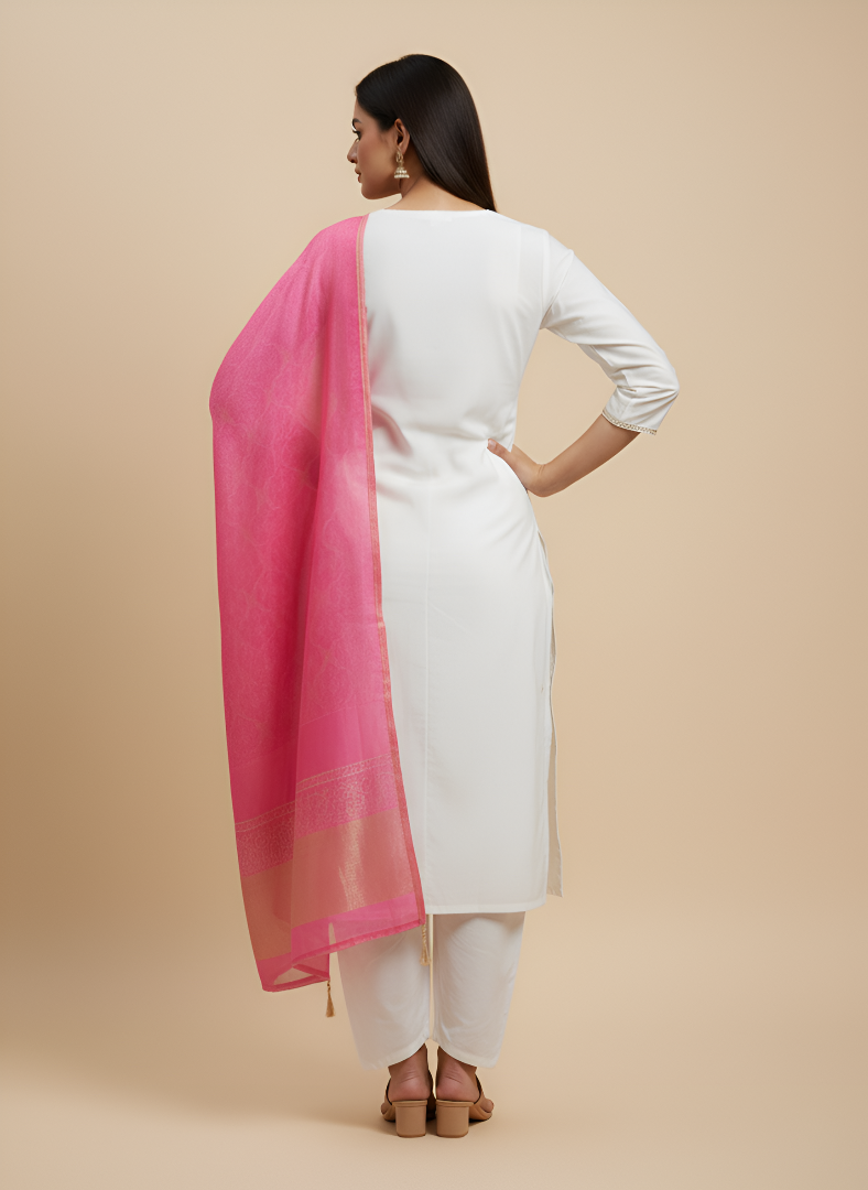 White Roman Silk Kurti Pant Dupatta Set with Pink Dupatta