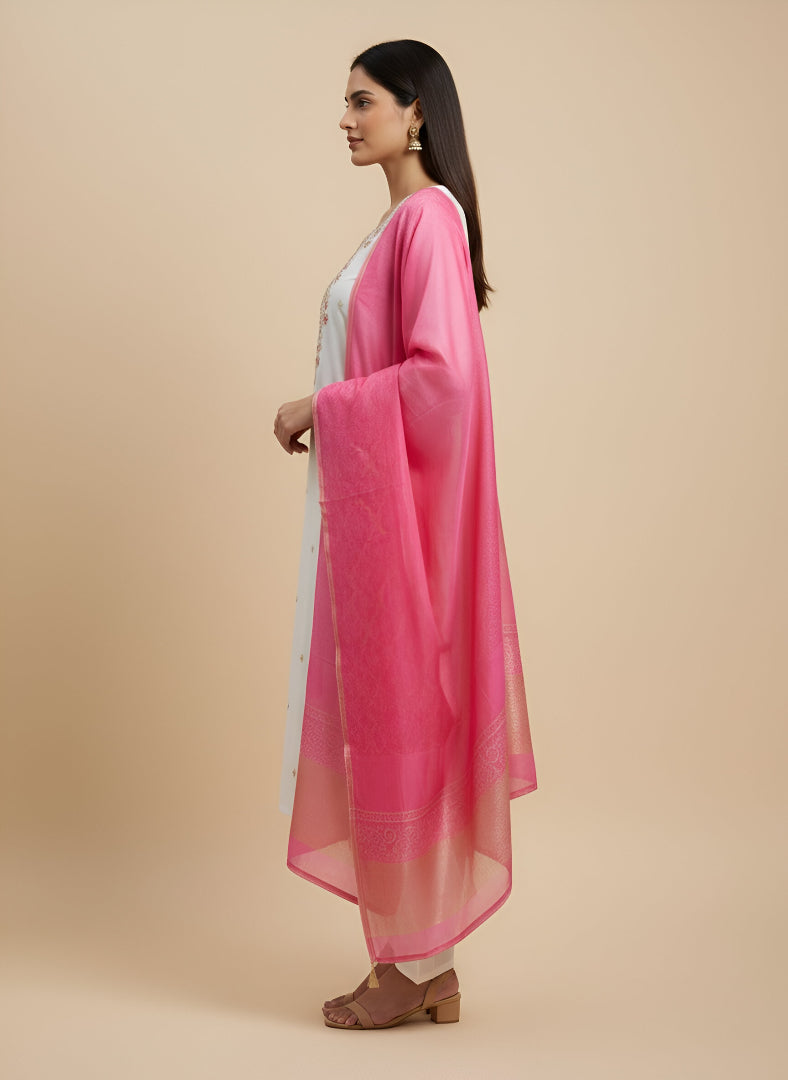 White Roman Silk Kurti Pant Dupatta Set with Pink Dupatta
