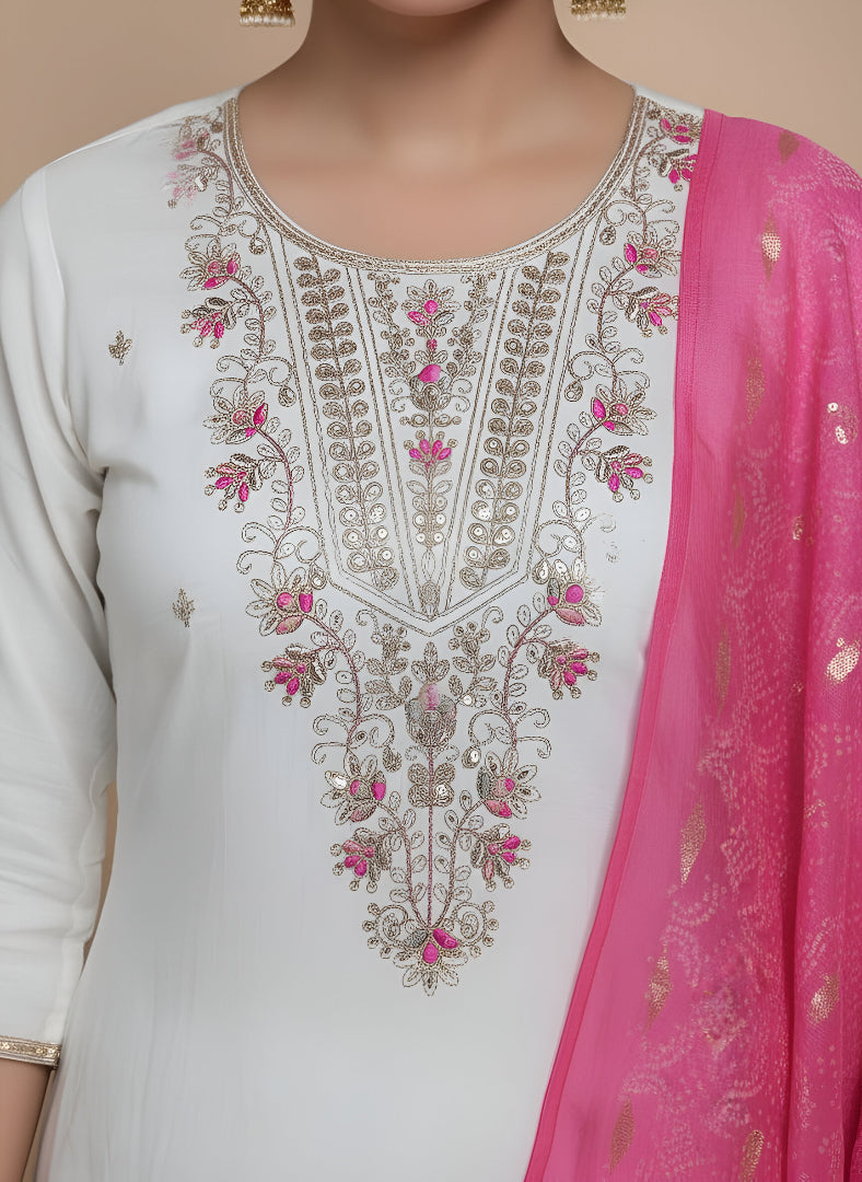 White Roman Silk Kurti Pant Dupatta Set with Pink Dupatta